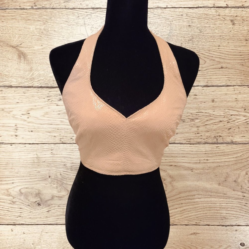 Ivory leather halter top with zip back. Pelle Studio Wilsons. Tag says L but is
